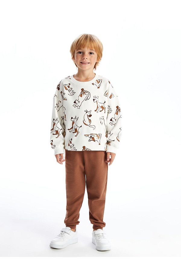 LC Waikiki Lcw Kids Light Beige Crew Neck Sweatshirt and Sweatpants 2 Pieces Set for Baby Boy Trendyol