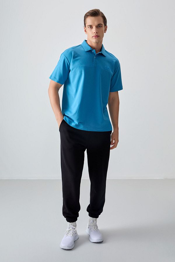 Air Jones Petrol Blue Cotton Thick Soft Textured Polo Collar Oversize Fit Basic Men s T Shirt 88382 Trendyol