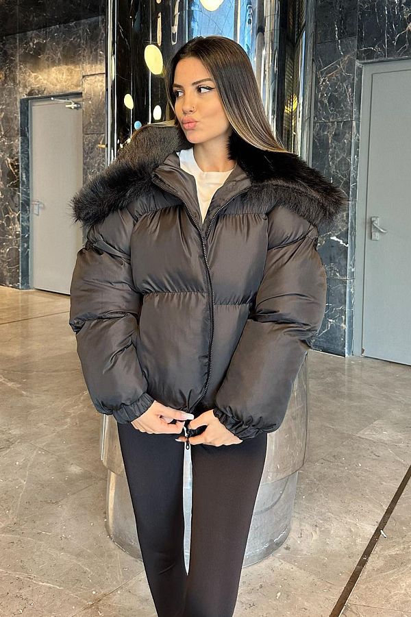 Orihime Women s Black Fur Collar Puffy Puffy Jacket Trendyol
