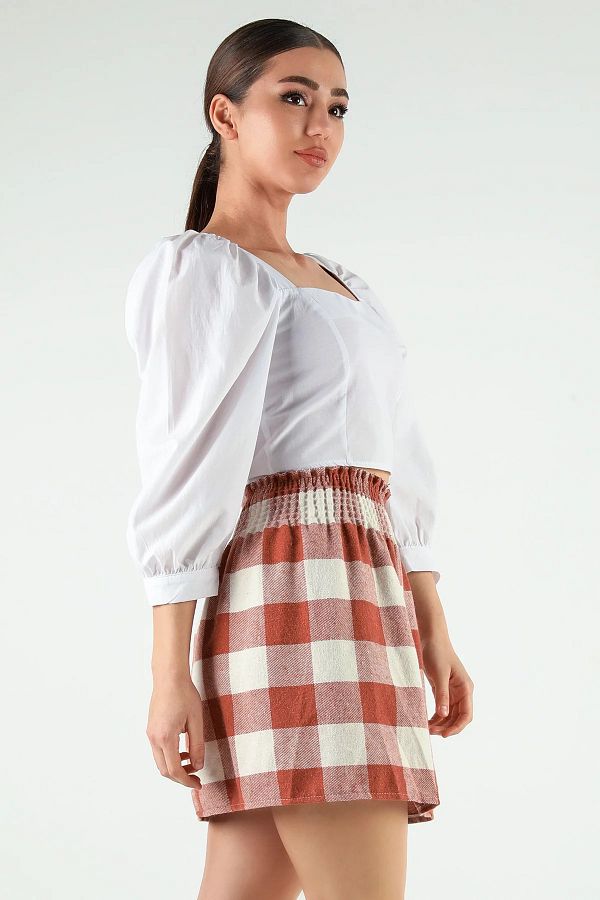 GULSEL Tile Women s Plaid Patterned Mini Skirt with Elastic Waist Trendyol