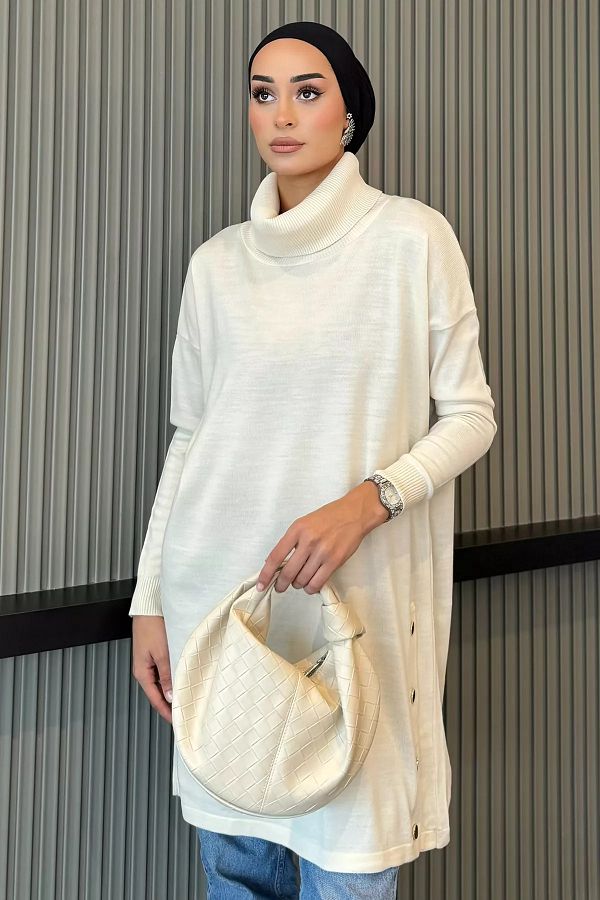 Julude Stone Hijab Turtleneck Side Buttoned Knitwear Tunik Trendyol
