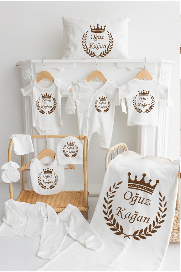Bebe wini %100 Pamuk Baskılı 11’li İsimli Hastane Çıkışı MN64-BAŞAK KRAL TACI KAHVE