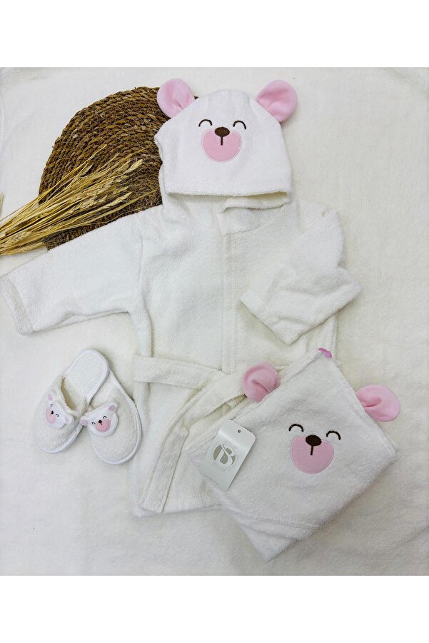 Bebitof Kız Bebek 0-3 Yaş Köpek Desen Bornoz Takımı %100 Doğal Pamuklu