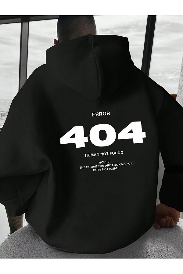 PENTH LUS Black Oversize Hooded Sweatshirt 404 Error Printed Hoodie Trendyol