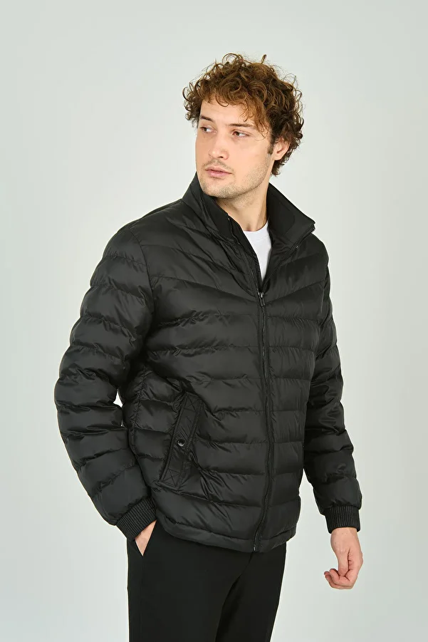 Allegro-Men's Chief Collar Zipper Closure Pocket Detailed Quilted Puffer Jacket 7360 Black 1
