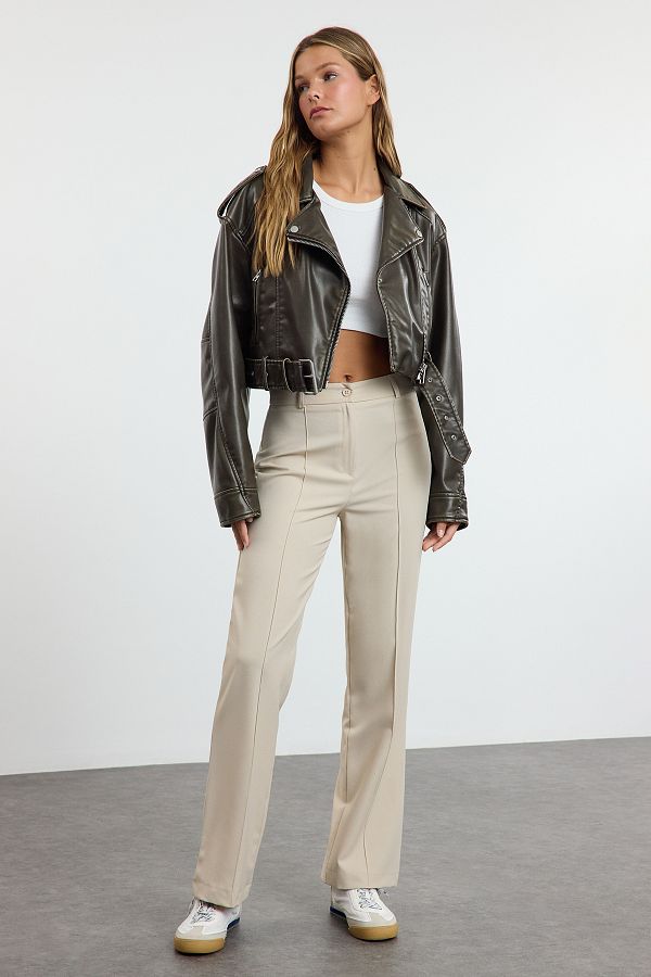 Trendyol Collection-Nerzfarbene, gerade geschnittene, gerippte, gewebte Hose mit hoher Taille TWOSS21PL0093 1