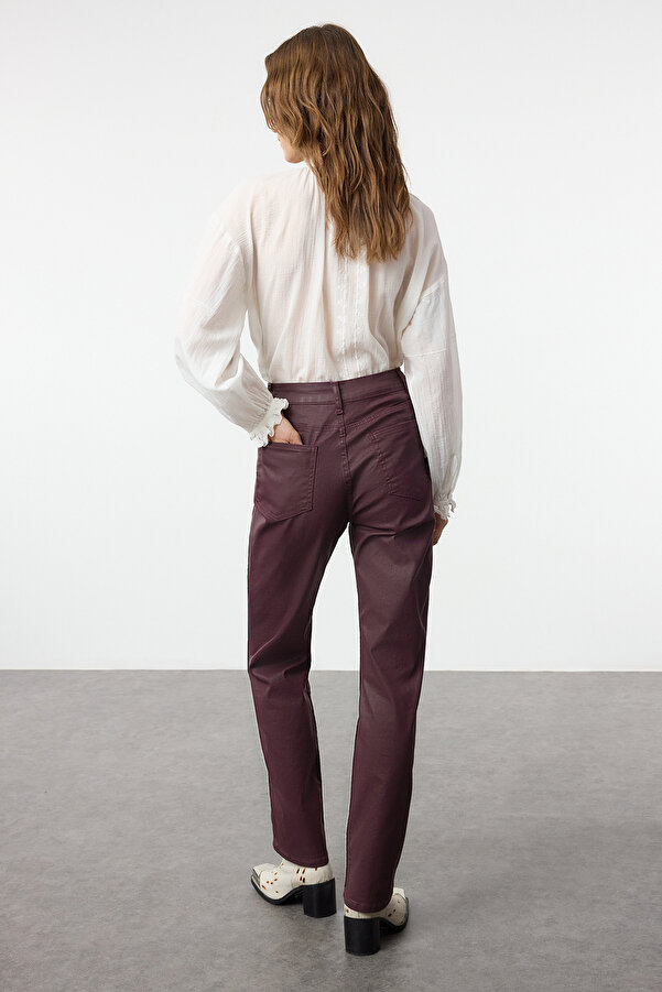 Trendyol Collection High Waist Burgundy Coated Straight Jeans