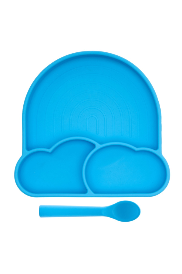 babychefs by zn BABYCHEFS %100 PREMIUM SİLİKON 2'Lİ TABAK KAŞIK MAMA SETİ VAKUM SİSTEMLİ MAVİ