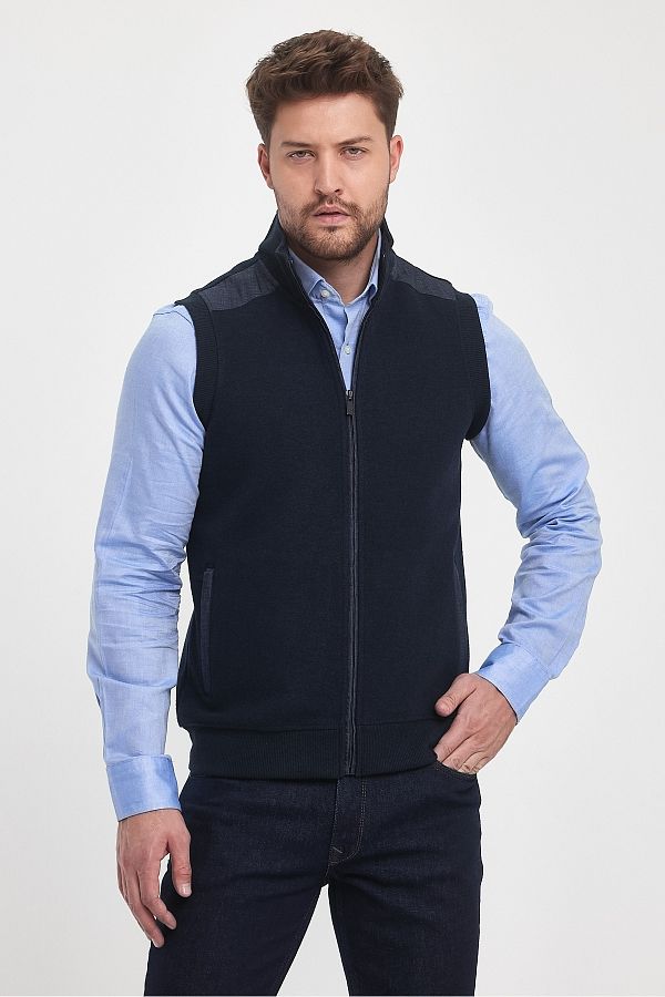 ENQUE Men s Basic Winter Zip Up Sleeveless Classic Navy Blue Vest Trendyol