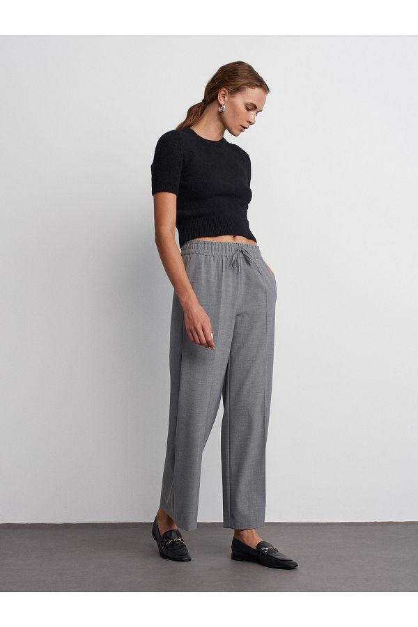 Dilvin-71556 Drawstring Tied Trousers-Light Gray 1