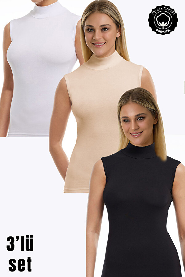 MS HAMİLE İÇ GİYİM KADIN SIFIR KOL BOĞAZLI BODY 3LÜ SET SİYAH-BEYAZ-TEN