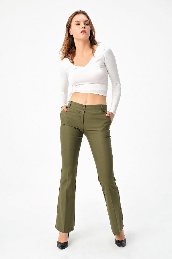Jument-Thick Belt Pocket Spanish Wide Leg Lycra Fabric Trousers-khaki 1