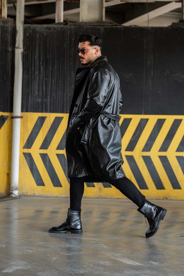 OUTF T MAN Men s Vintage Belted Long Leather Coat Black Trendyol