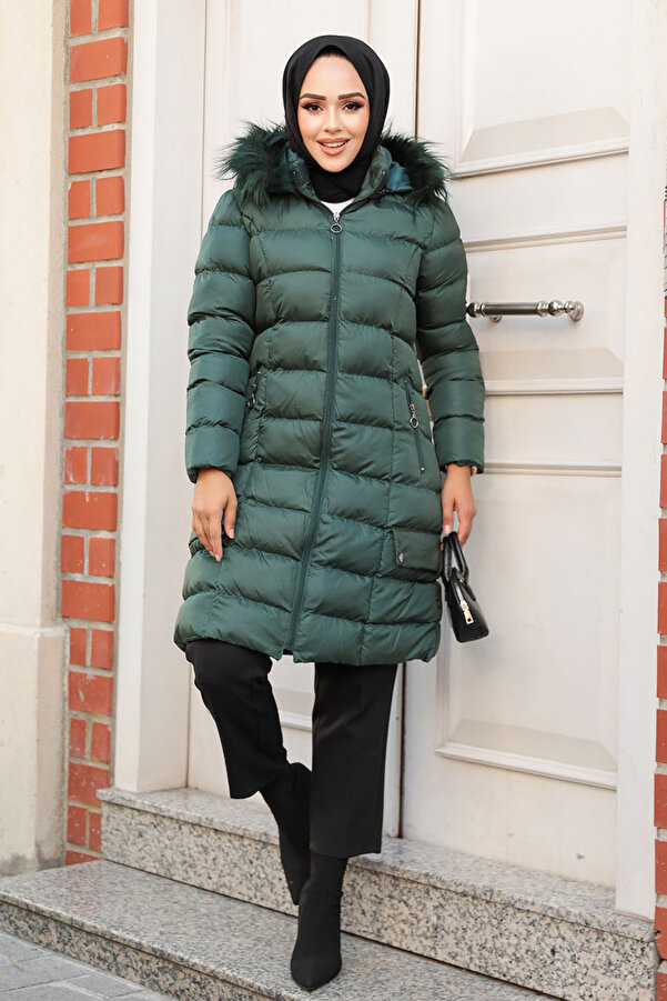 Neva Style Hooded Dark Green Hijab Puffer Jacket 9781Ky- Trendyol