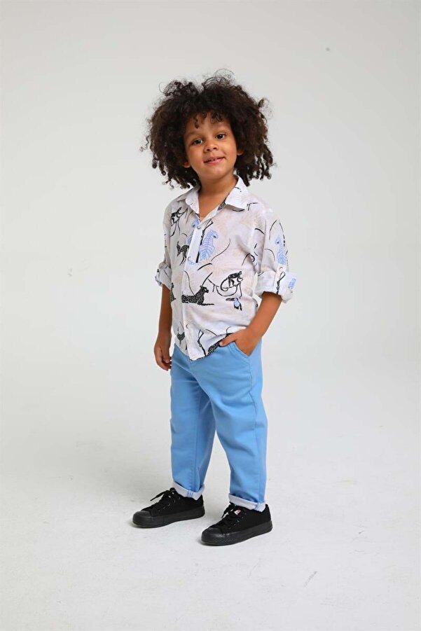 Escabel Hayvan Baskılı Bebe Gömlek - Mavi