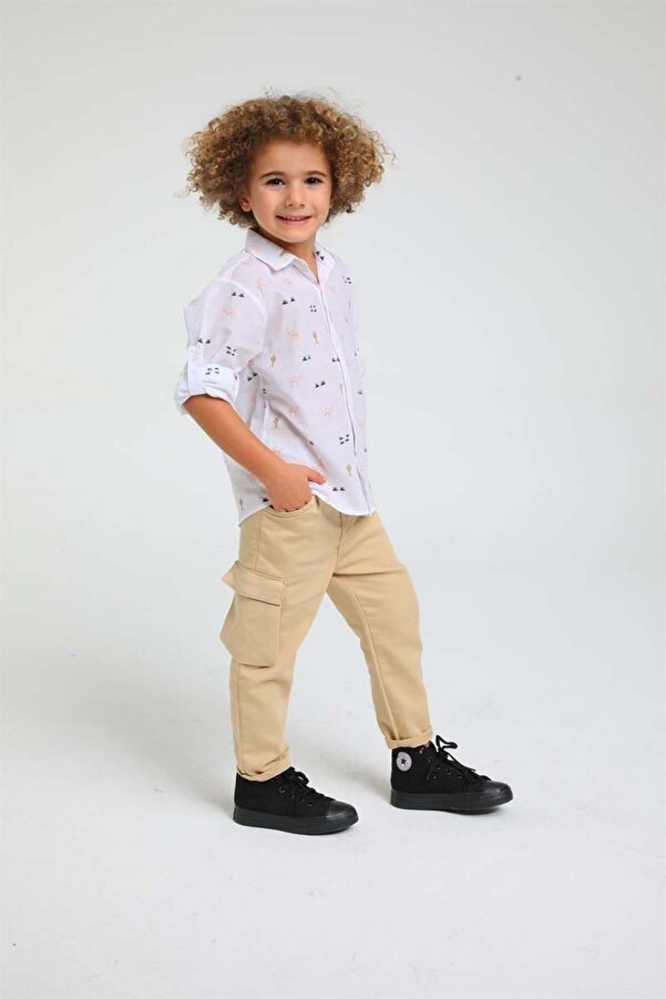 Escabel Hayvan Baskılı Bebe Gömlek - Ekru