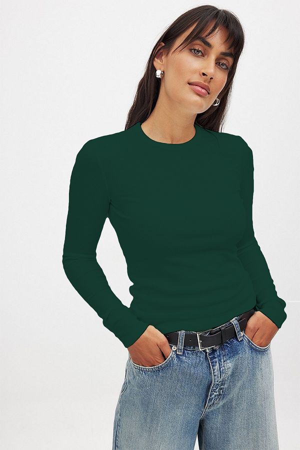 CHEISU-Emerald Green Long Sleeve Camisole Ribbed Women's T-Shirt Blouse 1