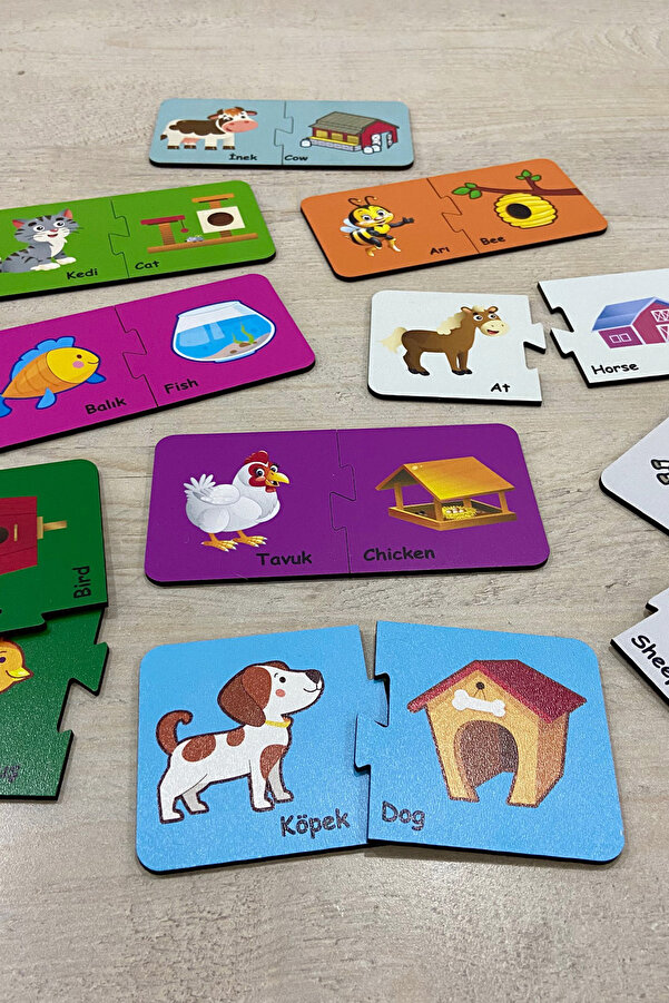 Leelii Tasarım Türkçe-İngilizce Eşleştirme Oyunu, Sevimli Hayvanlar Zeka Kartları, Ahşap Eğitici Puzzle Oyuncak