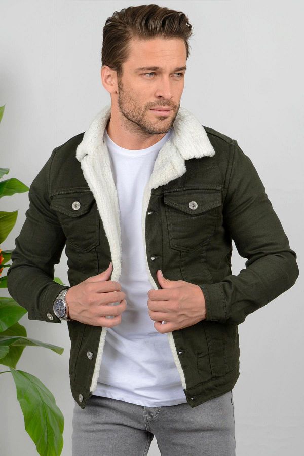 Green denim jacket with fur outlet