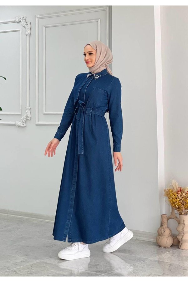 Cardella Camellia Denim Jeans Fabric Collar Stone Detailed Long Hijab Dress