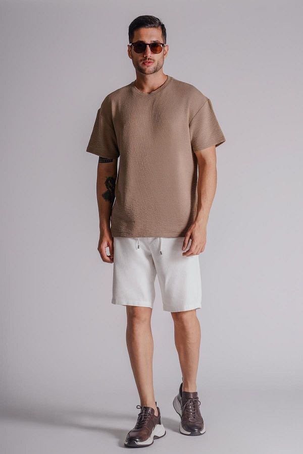 BRACCAS-Men's Linen Look Relaxed Fit Chino Shorts - With Side Pockets and Elastic Waist, Ecru 1