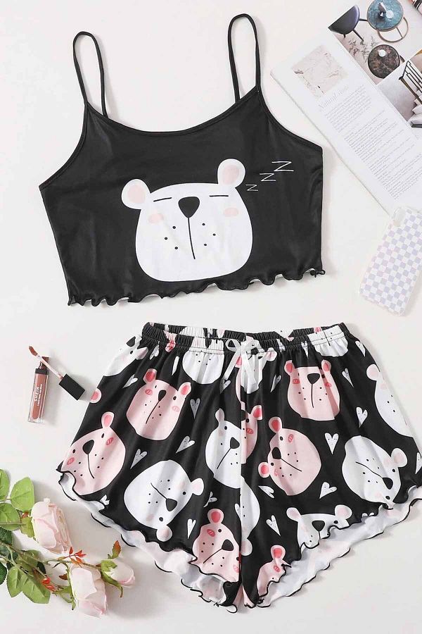 Merry See-Schlafender Teddybär bedrucktes Ultrasoft Strap Sort Pyjama Set 1