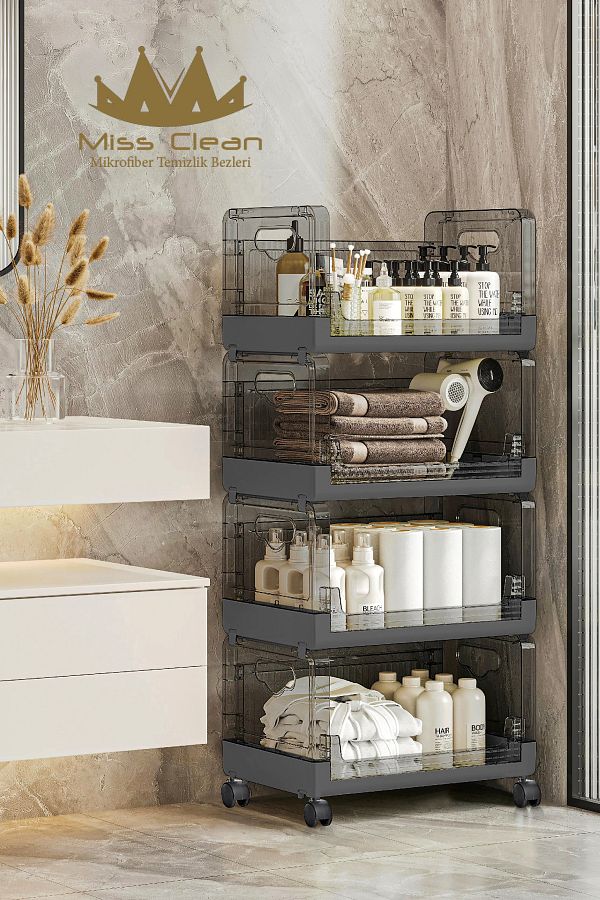 MissClean-Anthracite 4-Piece Organizer - Stackable and Folding, Movable Storage Rack with Wheels 1