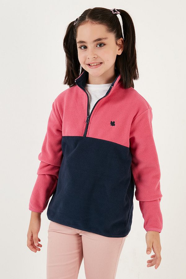 Lela-Soft Textured Half Zipper Color Block Stand Collar Polar Unisex Children's Fleece5905004 1