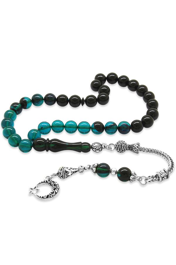 Tesbihane-Non-Tarnish Metal Crescent Star Tasseled Globe Cut Turquoise-black Fire Amber Prayer Beads 1
