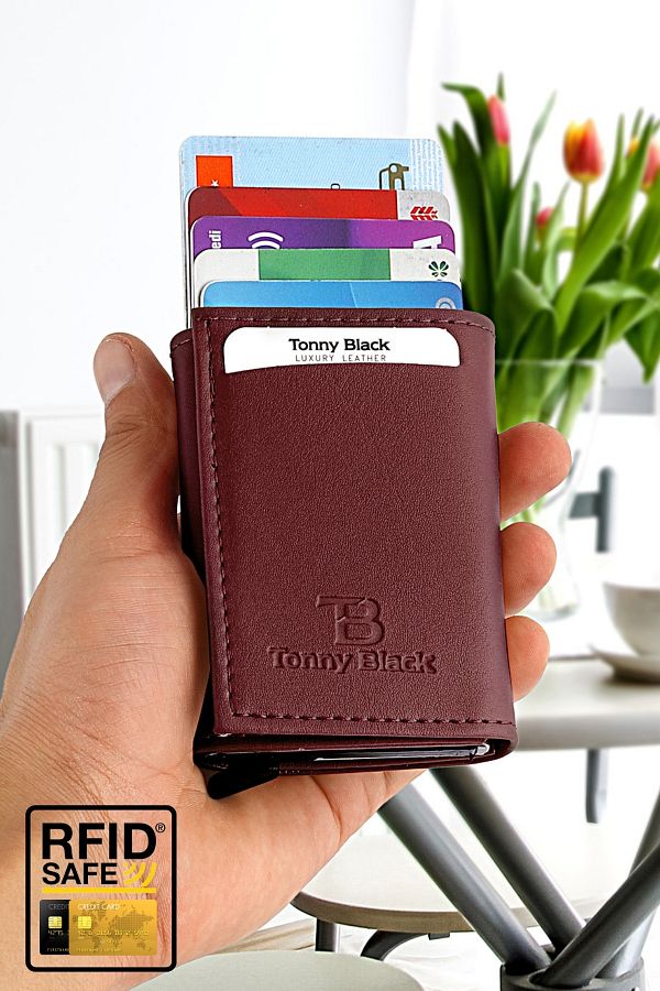 Tonny Black-Portofel antifurt original cu mecanism automat cu protecție RFID cu suport pentru bani și card 1