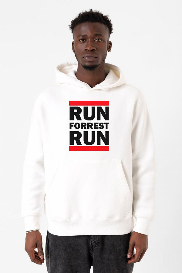 Tshirthane-Φούτερ Forrest Gump Run Forrest Run Λευκό ανδρικό φούτερ με κουκούλα 3 κορδονιών 1