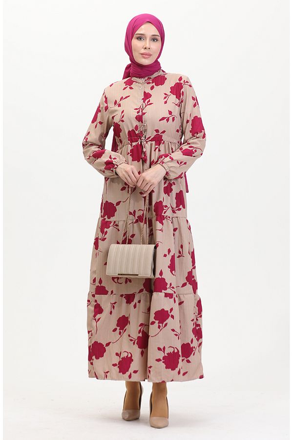 sefamerve-Mink Fuchsia Patterned Dress - Buttoned Front and Laced 0516-01 1