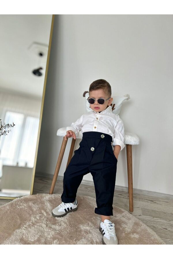 favorimkids Siyah pileli Pantalon krem Hakim yaka Gömlek Alt Üst Takım