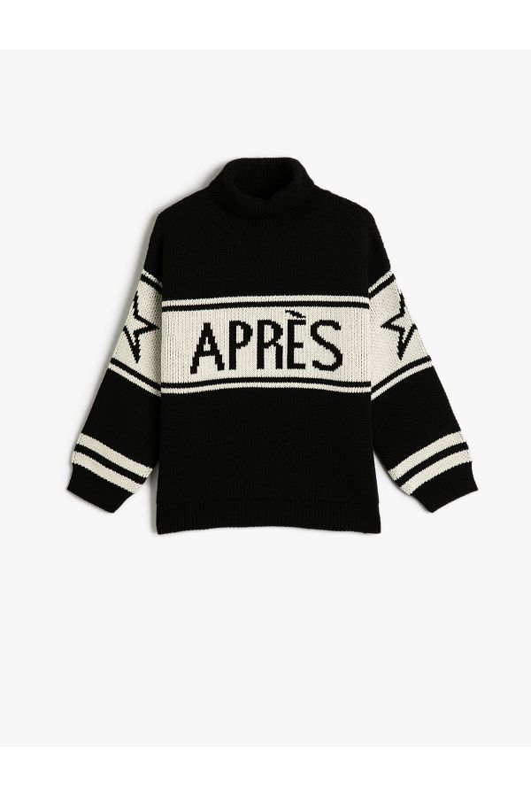 Koton-Rollkragenpullover Langarm Gerippter Text Aufdruck 1