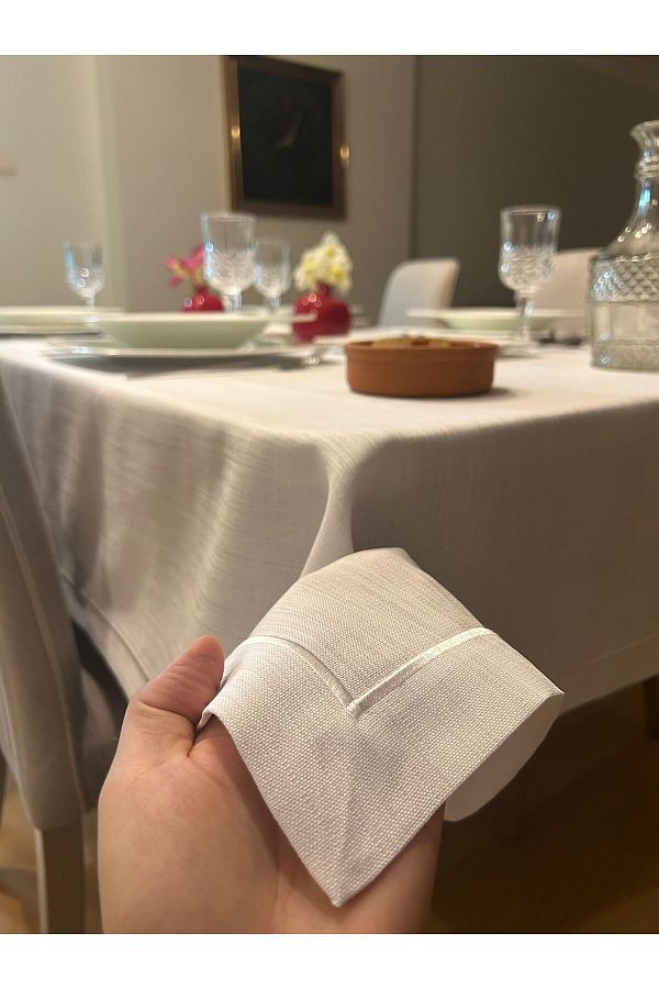 Zeren Home-White Polyester Linen Tablecloth - Pico Wrap Detail, Care Free 1