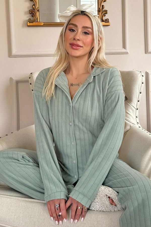 Pijamaevi-Mint Green Plain Front Buttoned Plush Polar Pajama Set 1
