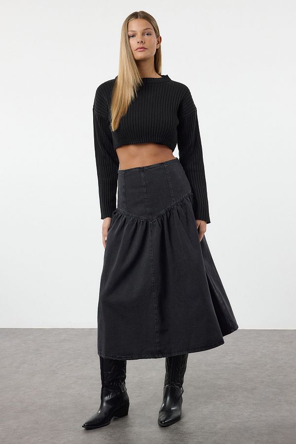 Trendyol Collection Black Denim Skirt with Maxi Flounce