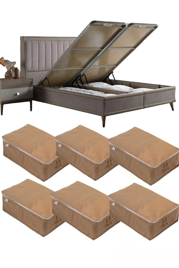 ALTINPAMUK-6 Pieces Beige Storage Bottom - Base and Sofa Bed, 60X40X22 1
