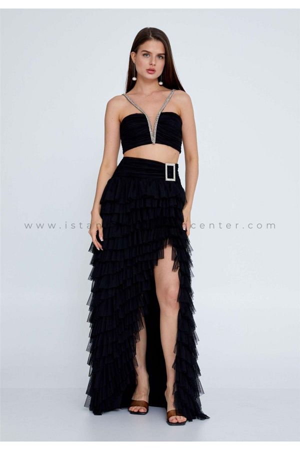 ÖMÜR INN-Black Stone Crop and Tiered Rifful Slits Elegant Evening Dress 1