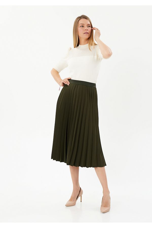 G Line High Waist Khaki Midi Pleated Skirt Elastic Waist Trendyol