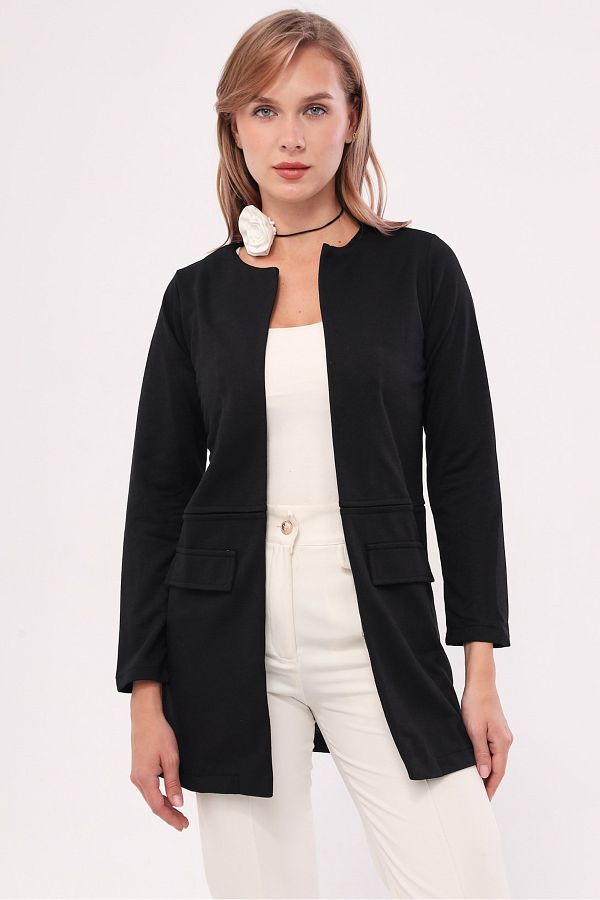 armonika Women s Black Long Jacket with Stitched Waist ARM 20K001021 Trendyol