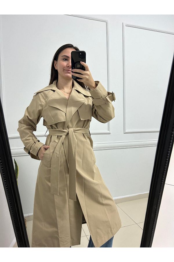 TU CE EN BUT K Mid Length Trench Coat with Belt on the Waist Trendyol