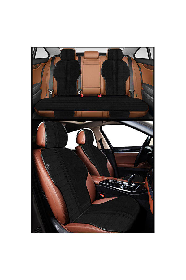 Bod Tay Tüyü Cepli Oto Koltuk Minder Seti Koltuk Koruma Kılıfı Spor Serisi (ÖN-ARKA TAM SET) Siyah