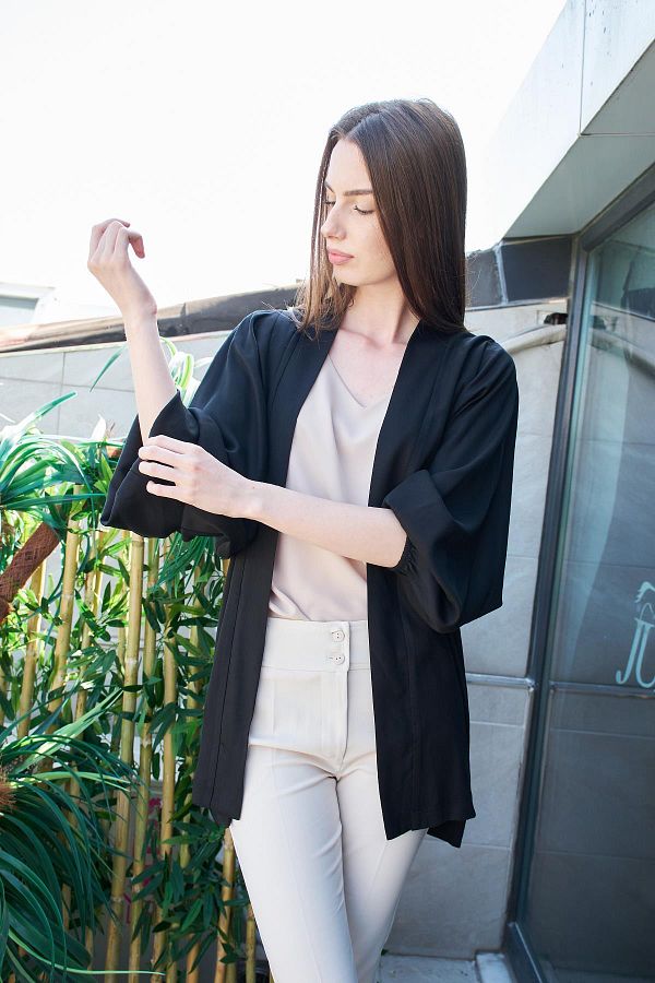 Jument Fluent Stylish Fabric Draped Summer Cardigan and Trousers Black 100 Iyocell Trendyol