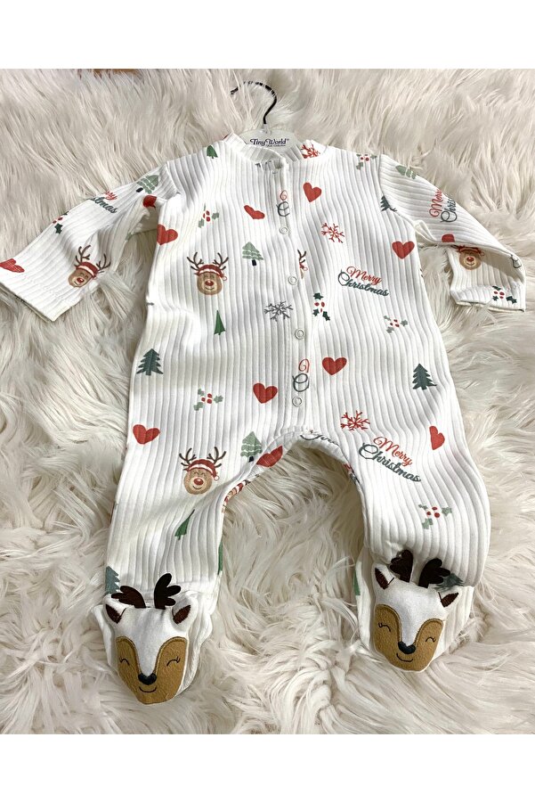 Tiny World %100 Pamuk Geyik Çıngırak Patikli Merry Christmas Noel Baskılı ÇıtÇıtlı Tulum