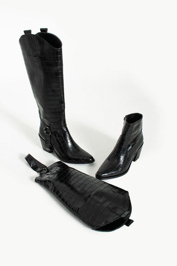 Gökçe Shoes-Matviy Black Crocodile Detailed Women's Heeled Boots 1