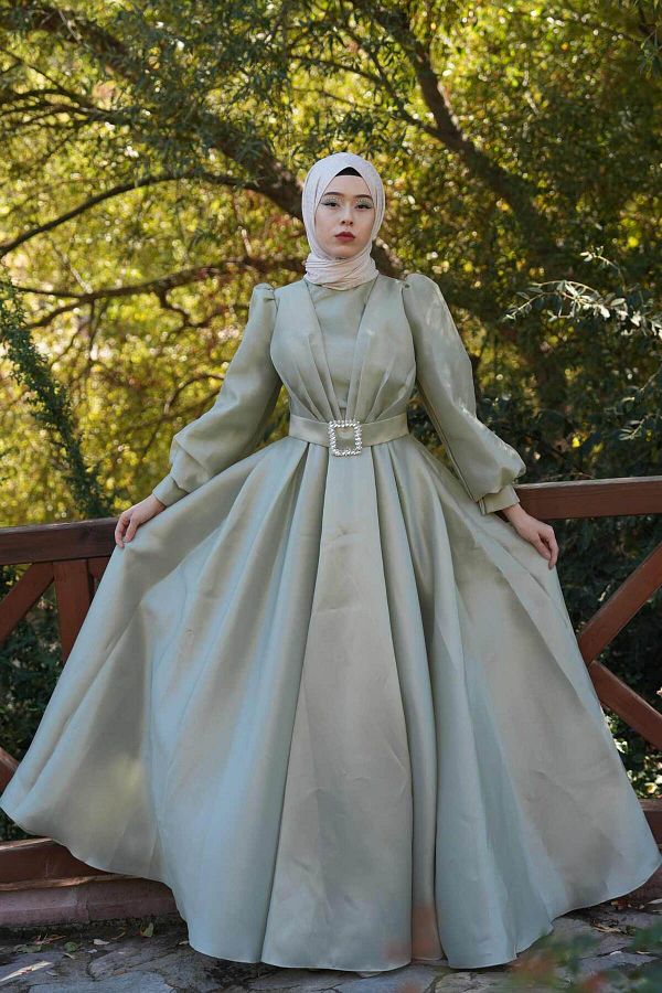 03KIZKULESITEKS-Green Stone Belted Hijab Princess Evening Dress 1