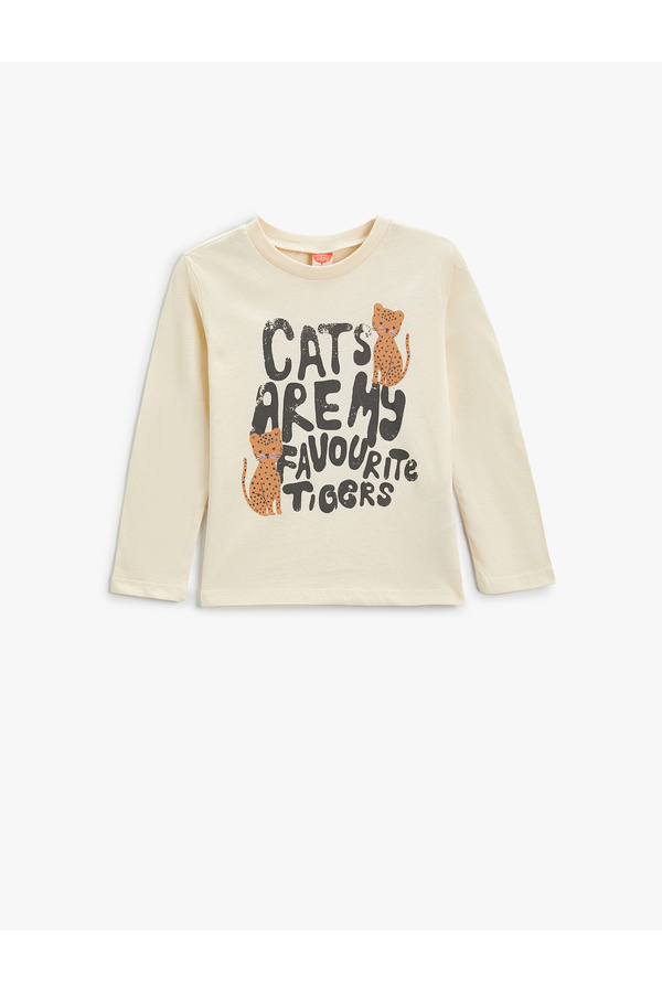 Koton Tişört Uzun Kollu Kedi Baskılı Bisiklet Yaka Pamuklu