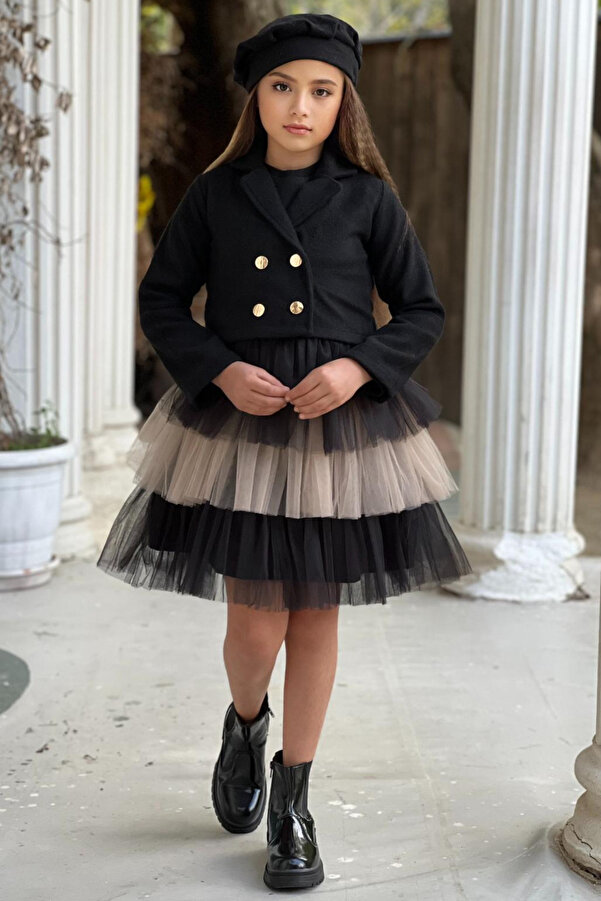 ELAFOR Alt Kat Kat Tül Üst Kaşkorse Kız Çocuk Abiye Elbise Ceket Ve Bere Kaşe-bayramlık-23 Nisan