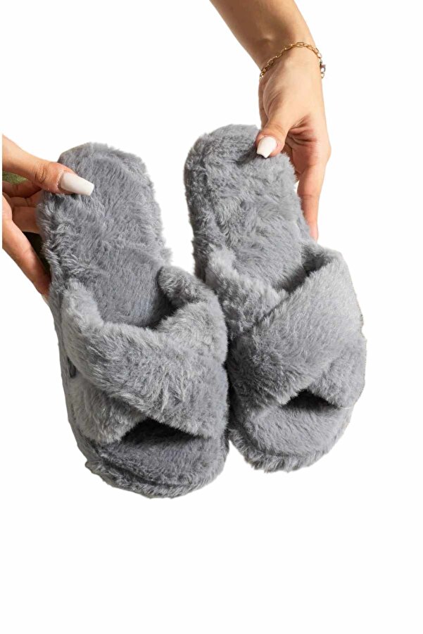 House Slippers Grey Fluffy Cross Slippers Halluci House Slippers